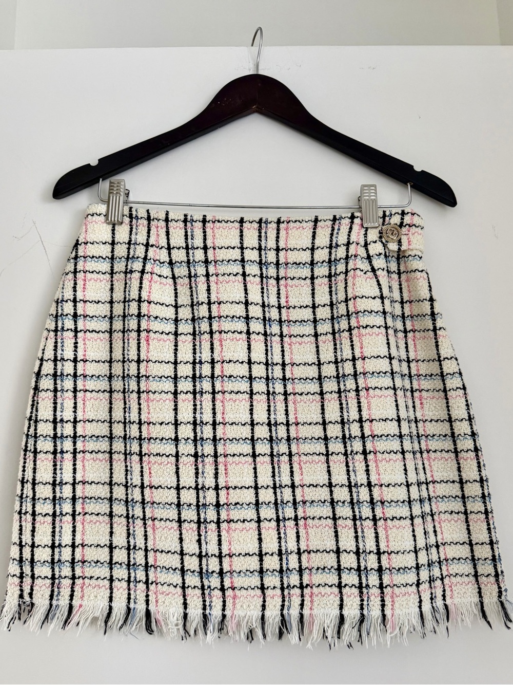 Maje Tweed Plaid Mini Skirt in Cream, Black & Pink Sz 40 NWT